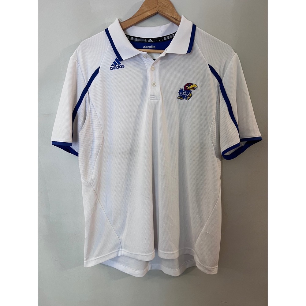 Adidas Polo Shirt Mens Large White Kansas Jayhawks Climalite Preowned *Flaw*